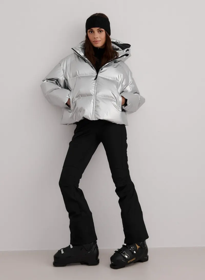 Silver Cortina Glossy Puffer Jacket for Cold Weather