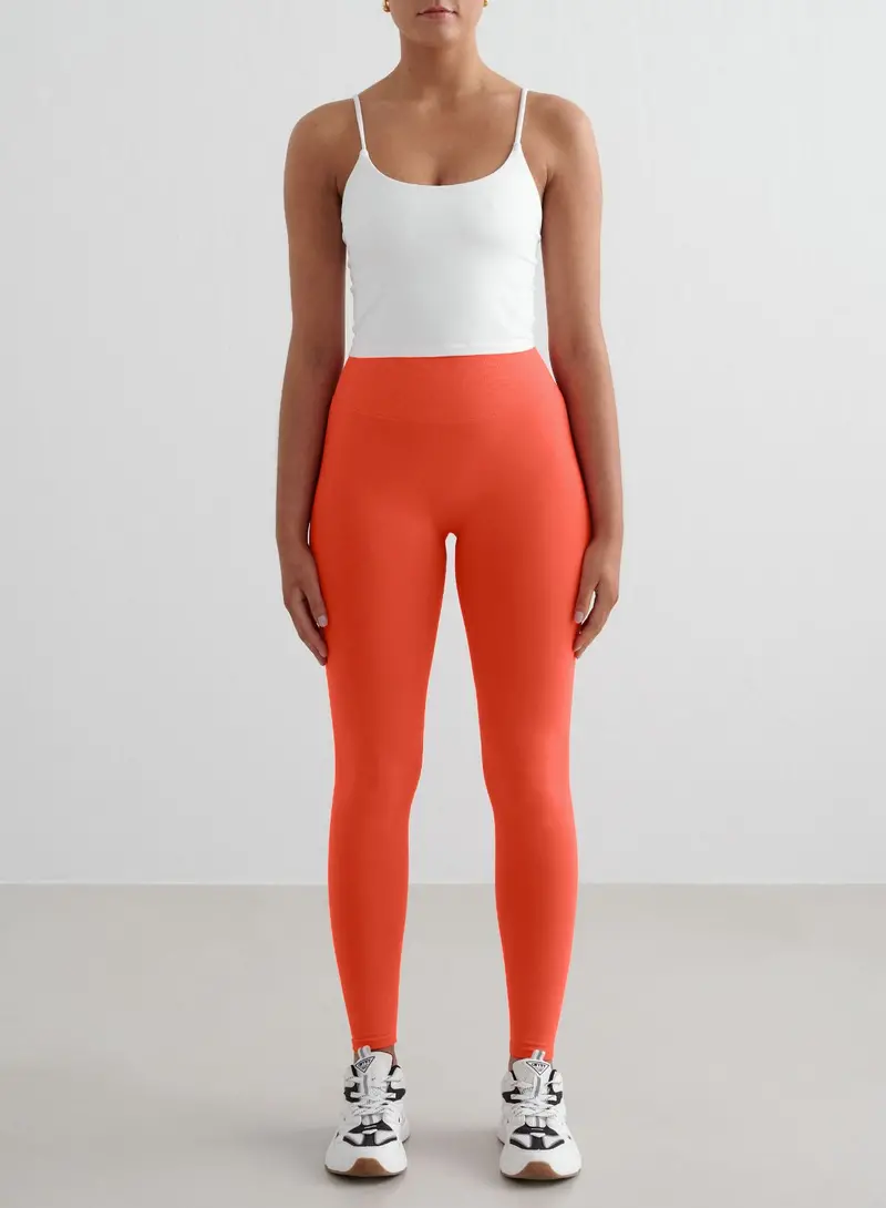 Tangerine Shape Seamless Tights + White Strap Sleeveless Top Set