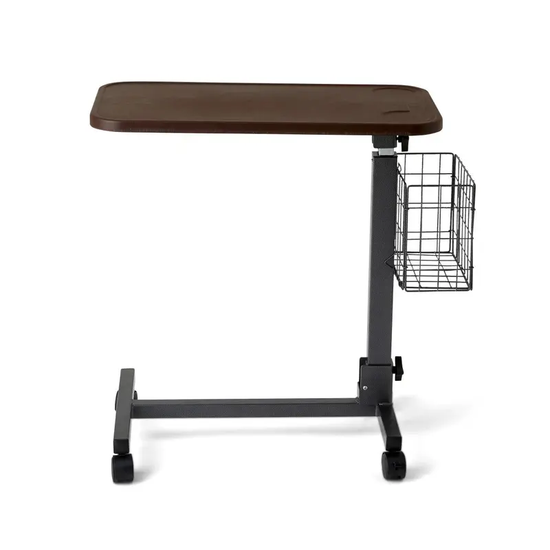 Walnut-Finish Fold-Flat Overbed Table with Storage Basket