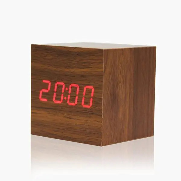 Wood Grain LED Desk Clock – Digital Display with Room Temperature Readout